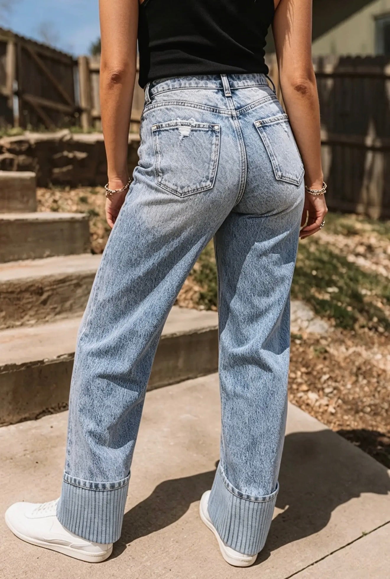 Striped Cuff High-Waisted Jeans
