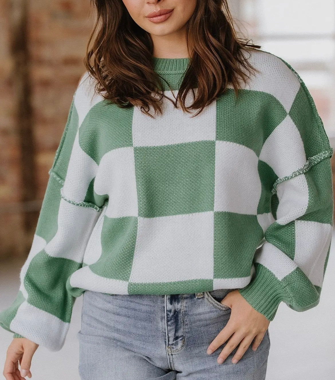 Green Checkered Bishop Sleeve Sweater
