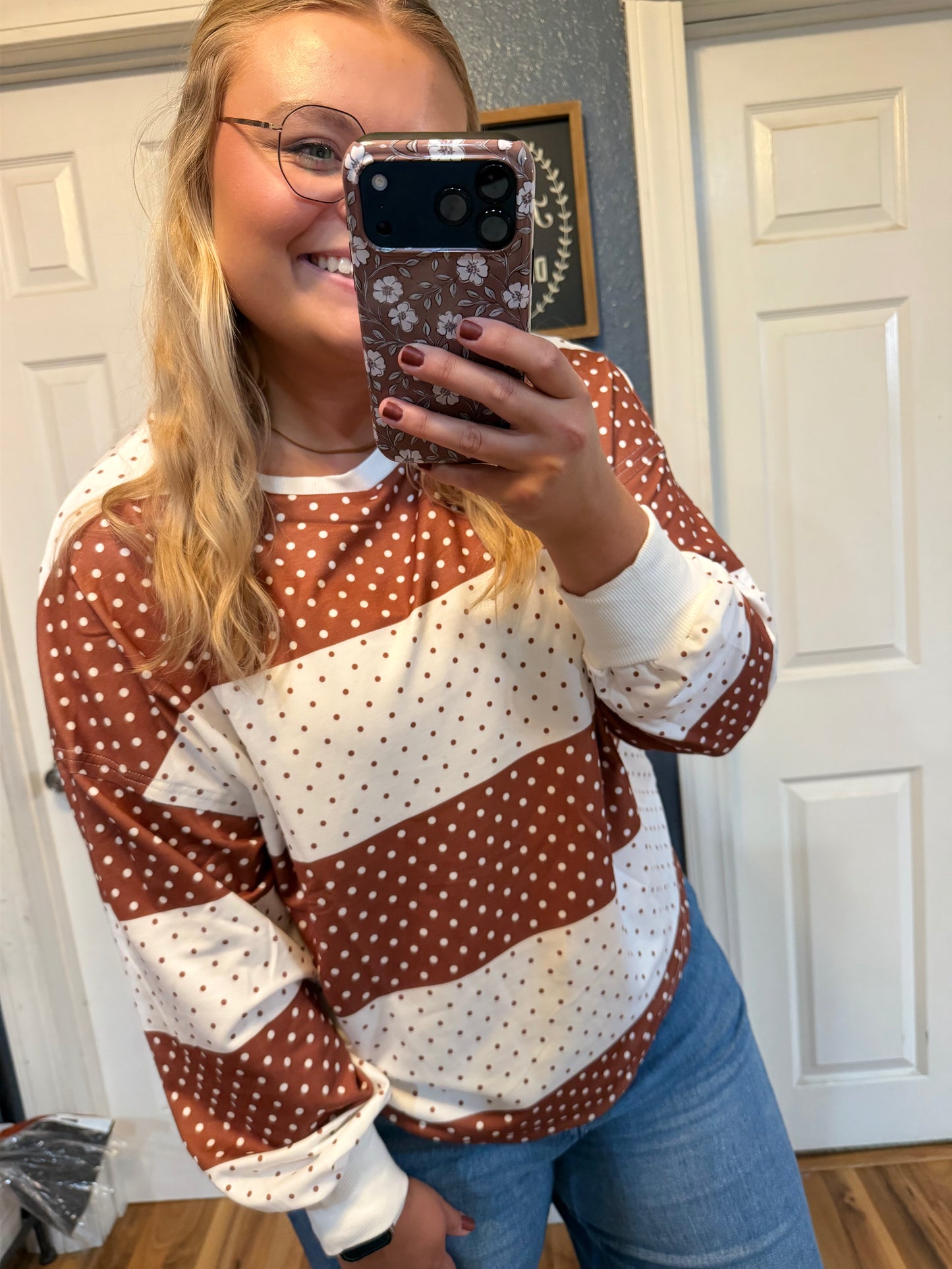 Color-block Polka Dot Long Sleeve Top