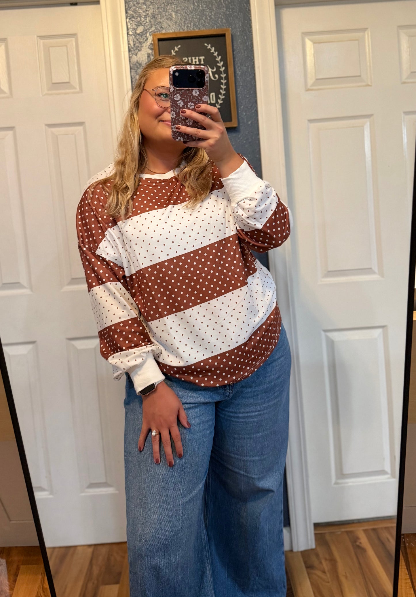 Color-block Polka Dot Long Sleeve Top
