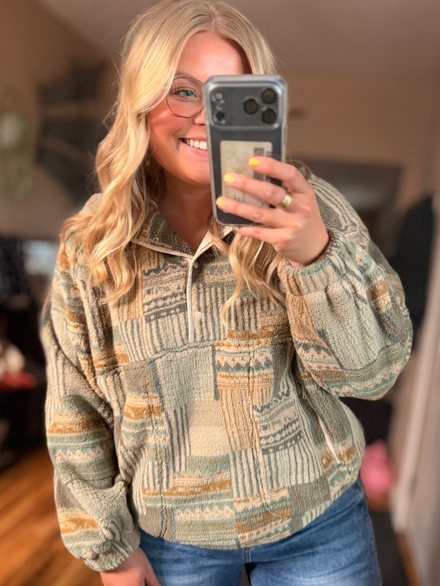 Green Western Print Fleece Pullover