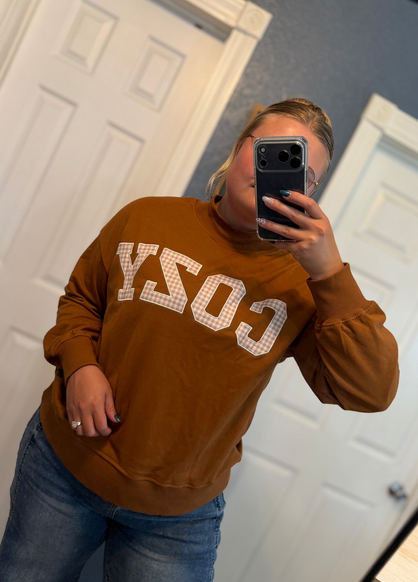 Embroidered “Cozy” Mockneck