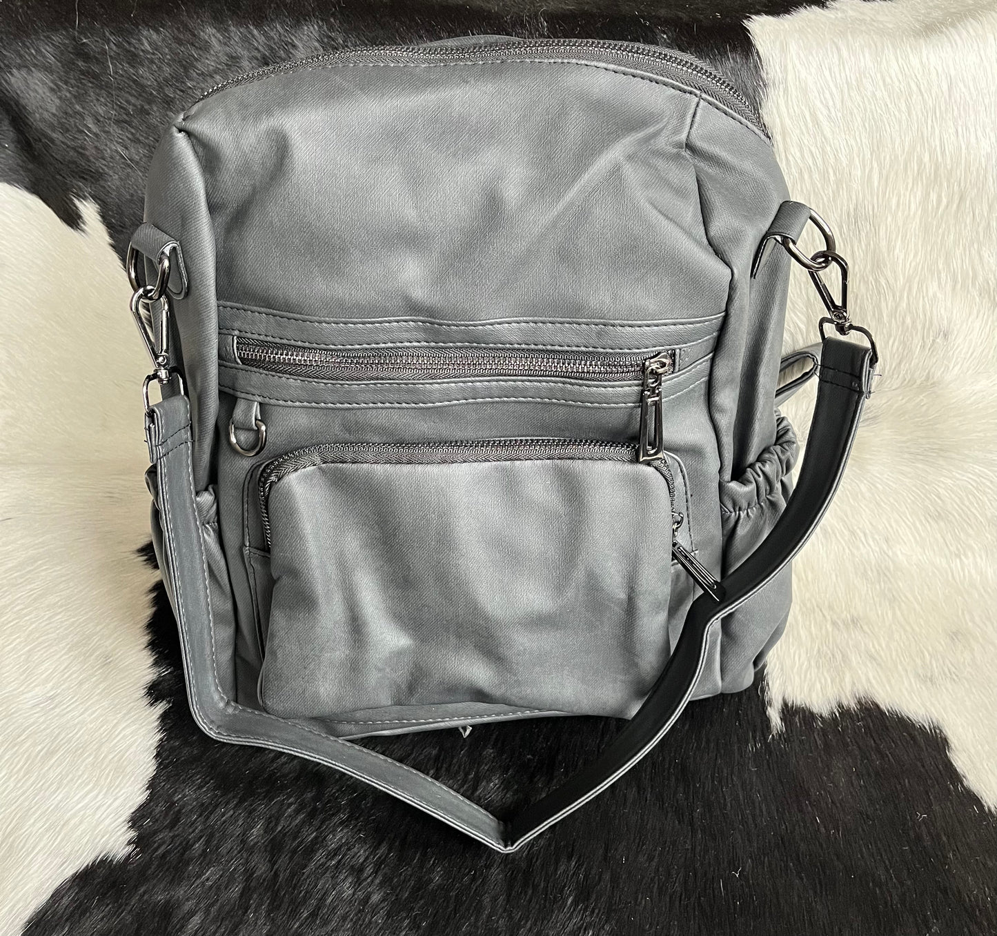 Charcoal Grey Faux Leather Backpack Tote Bag