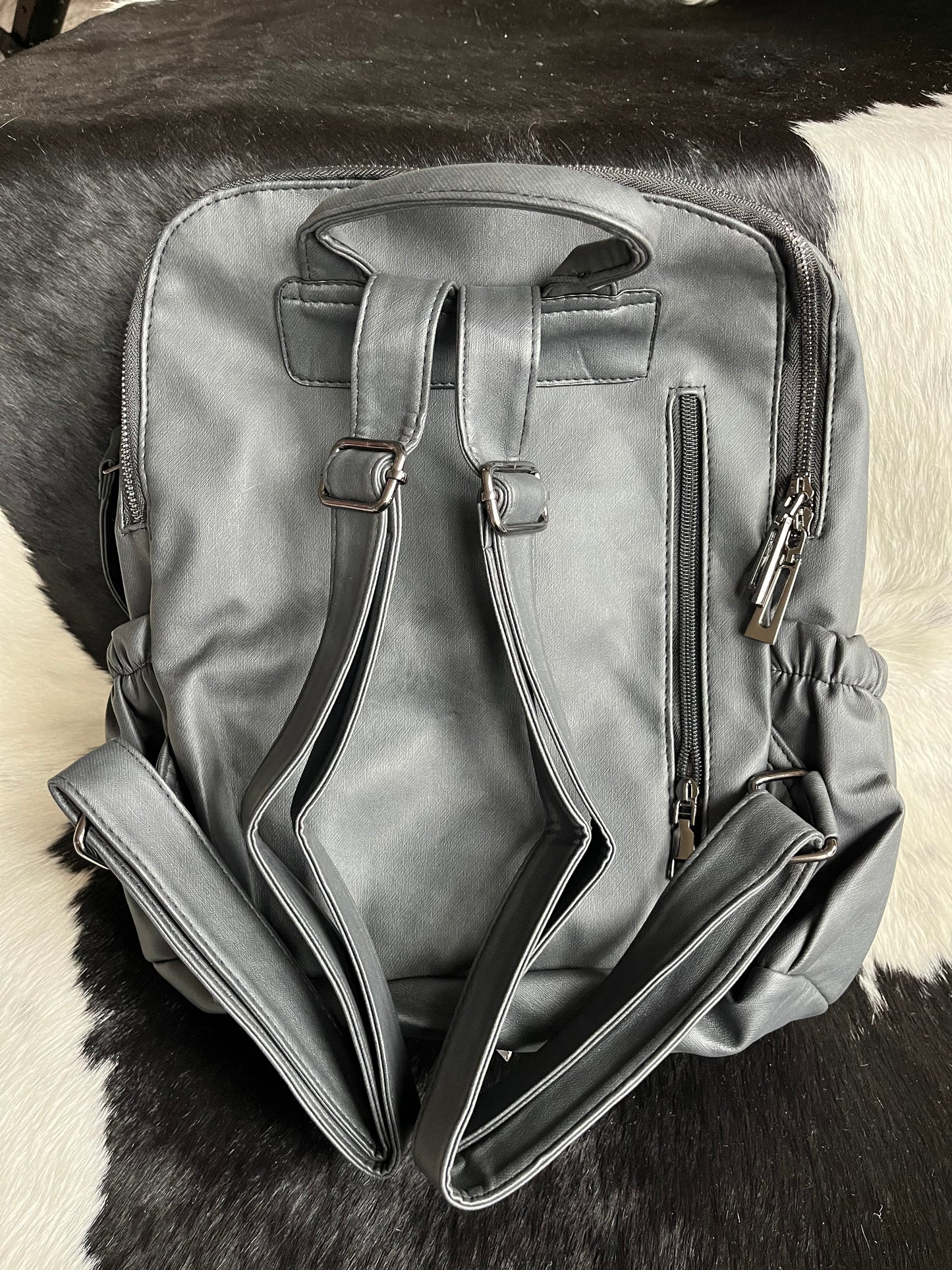 Charcoal Grey Faux Leather Backpack Tote Bag