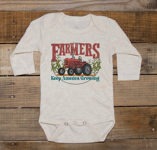 "Farmers Keep America Growing" Red Farm Tractor Long Sleeve Onesie