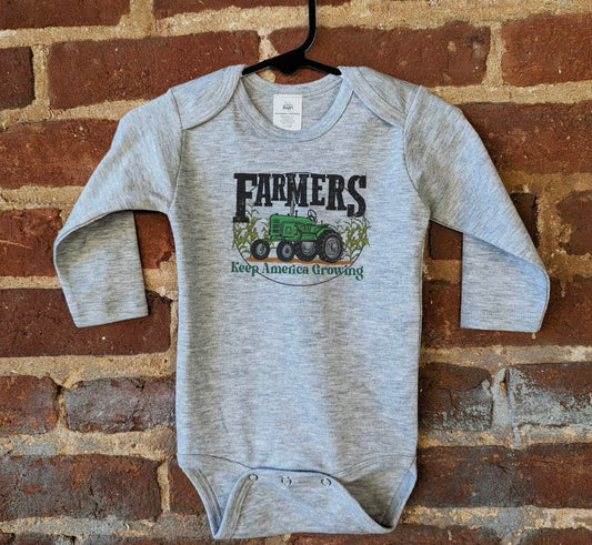 "Farmers Keep America Growing" Green Farm Tractor Long Sleeve Onesie