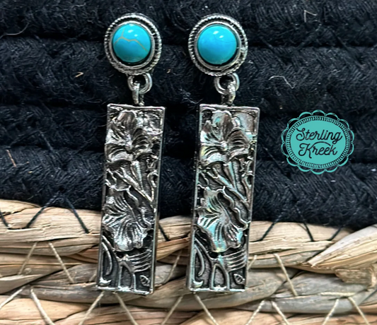 Floral Tooled Turquoise Earrings