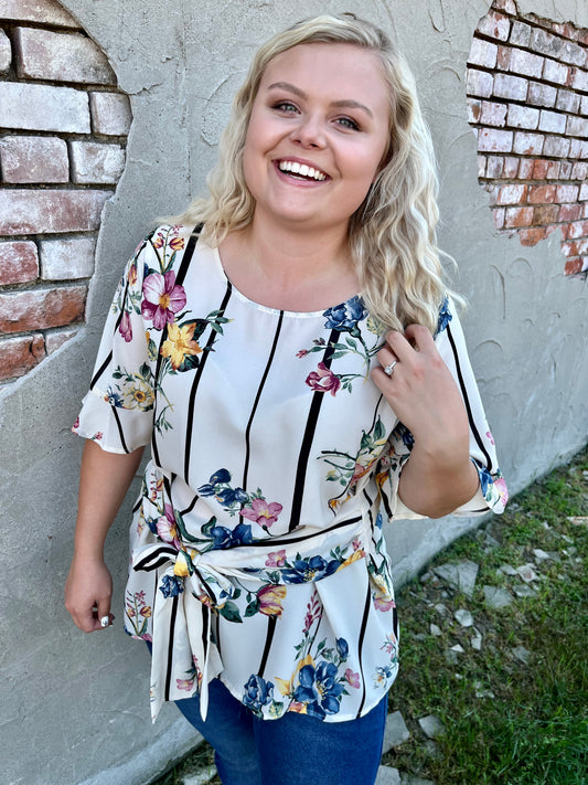 Cream Floral Front Tie Bell Sleeve Top