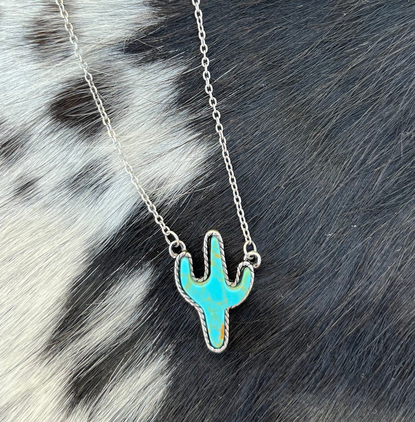 Turquoise Cactus Silvertone Necklace