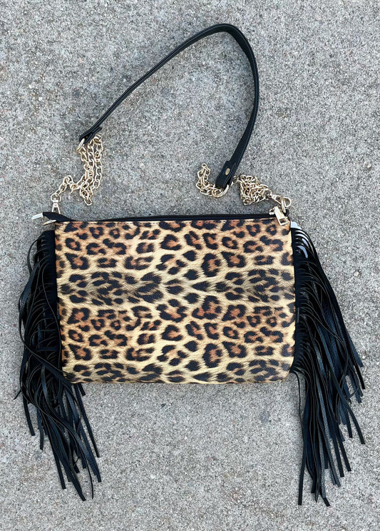 Leopard Print Fringe Crossbody Bag